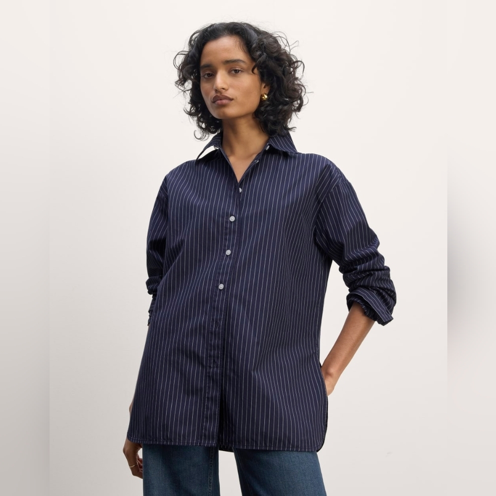 Everlane Shirt Womens Blue Striped Button Oversized Poplin Boyfriend Supima